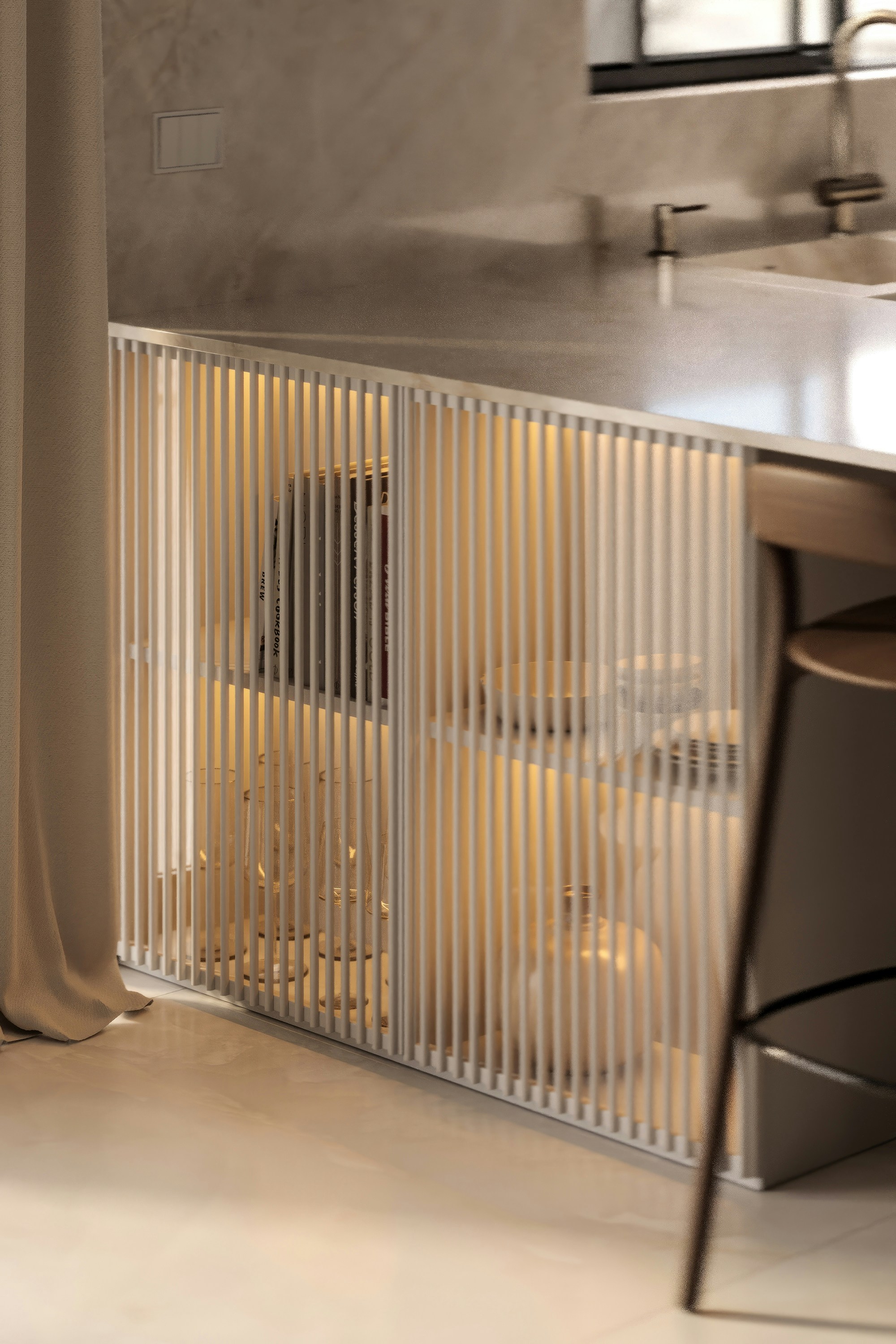 Isla de cocina moderna con un diseño de listones verticales.