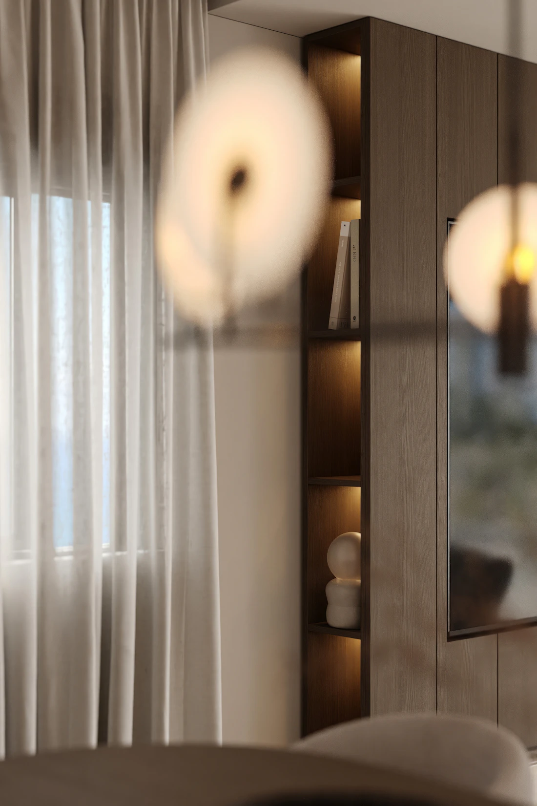 Sheer linen curtains diffusing afternoon light in a quiet room