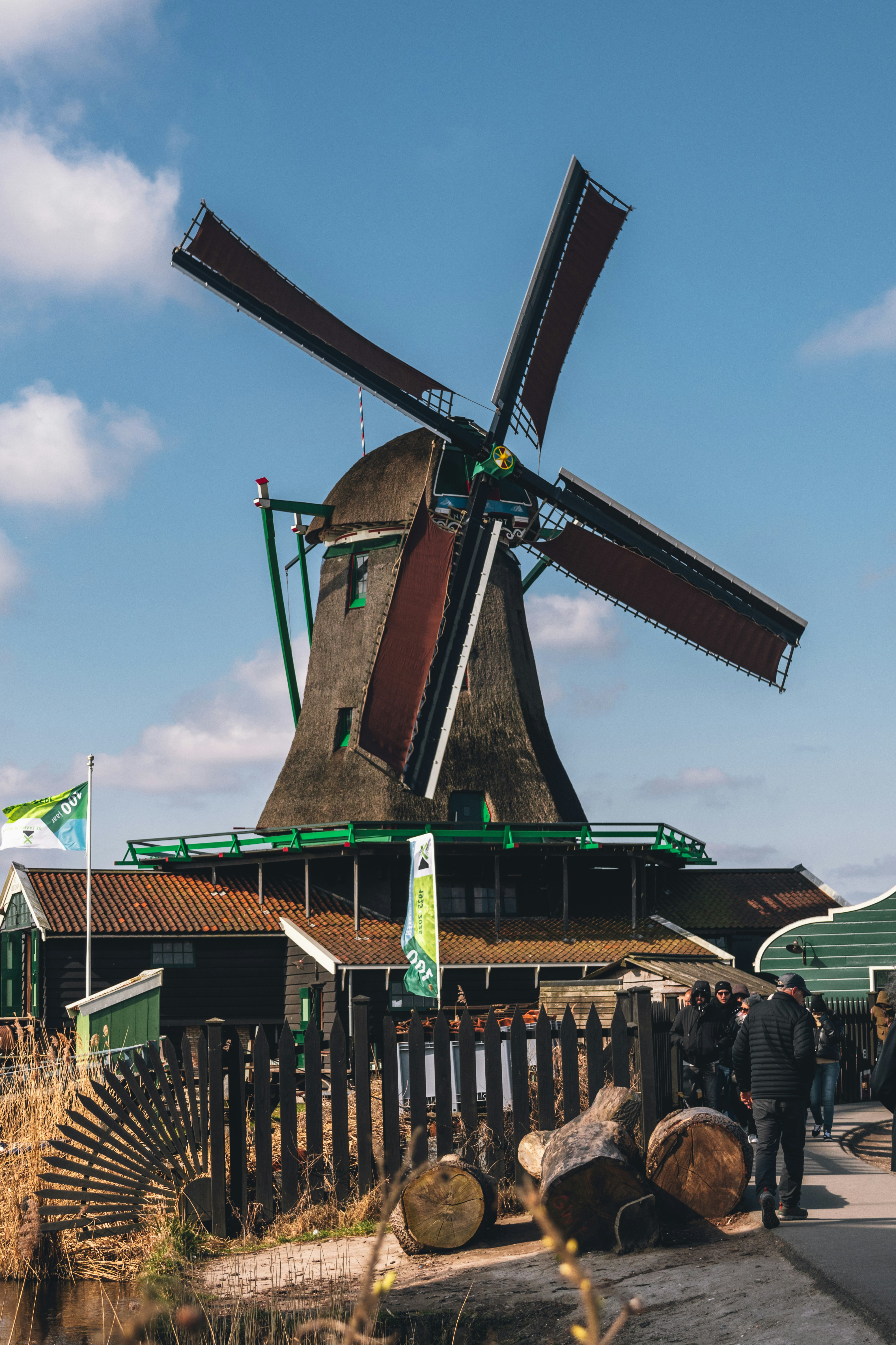 Close up shot of a windmill in the cute village of Zaanse Schans, Netherlands