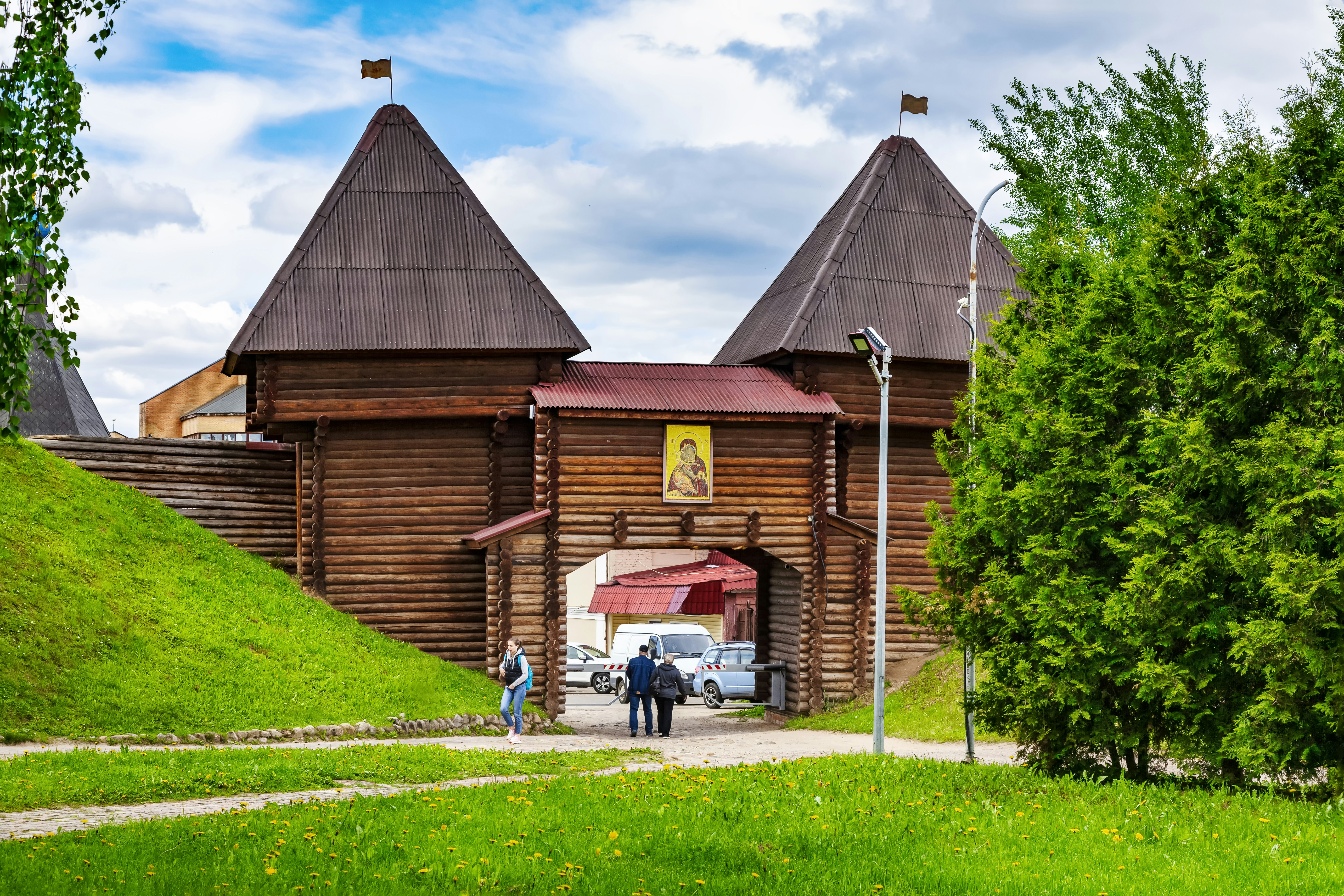 Wooden gate in front of a green hillside.