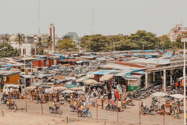 Bustling West African marketplace in Ghana, Benin or Togo