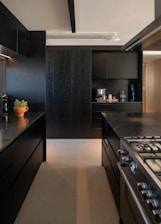 Sleek, modern kitchen with black cabinets and countertops.