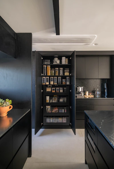A black pantry is open to reveal its contents
