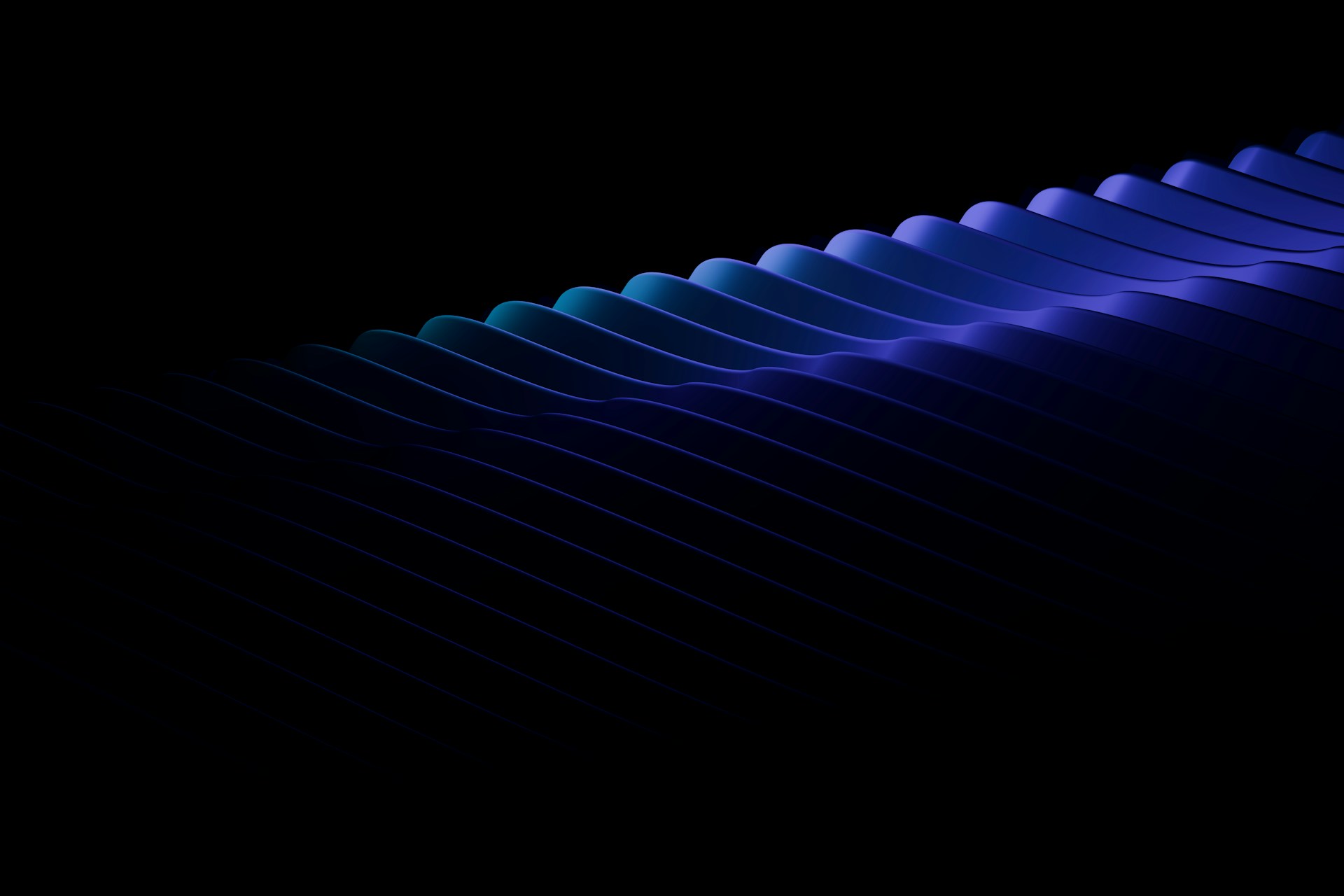 Abstract blue waves cascade against a black background.