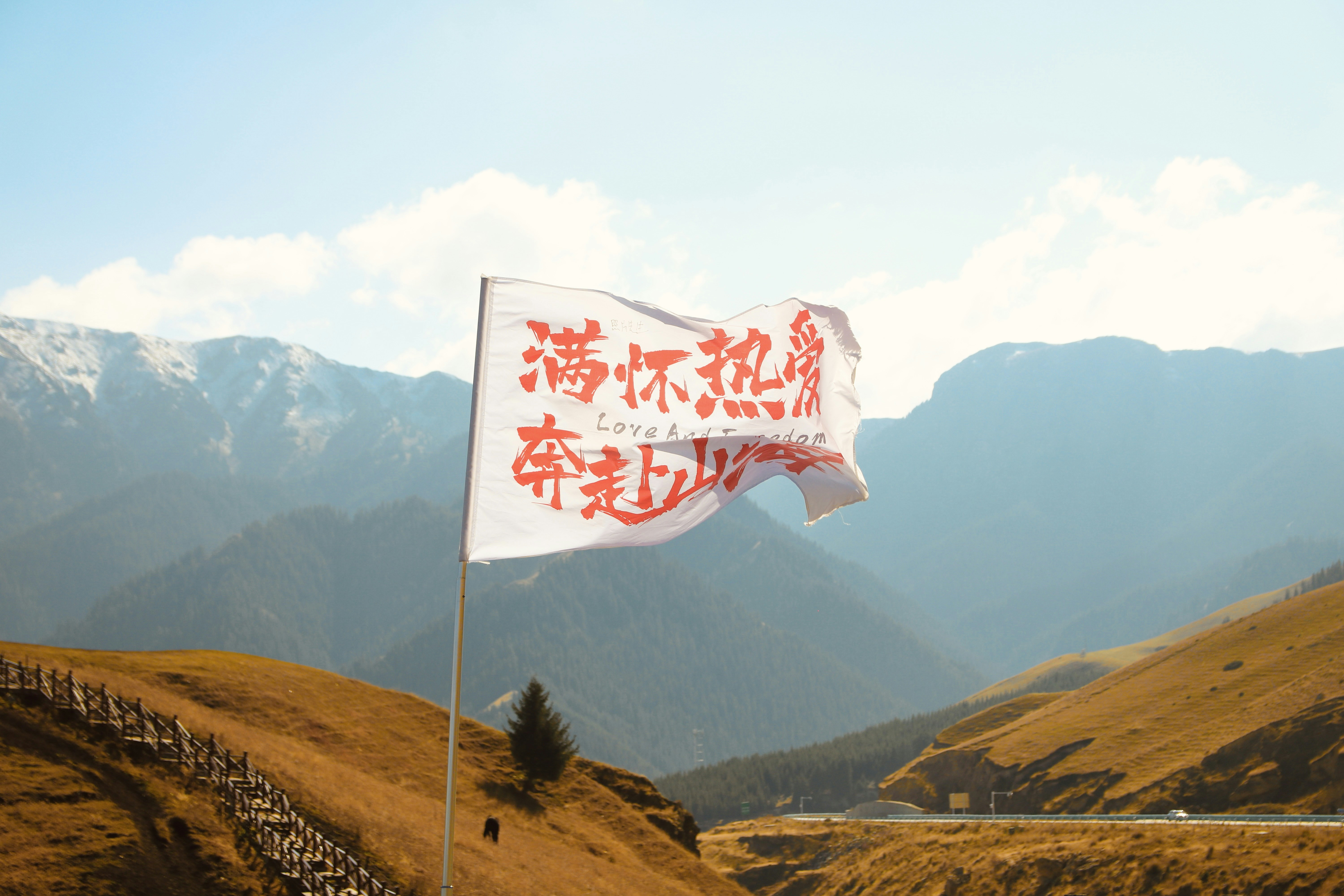 Im Hintergrund weht eine Flagge mit Bergen.