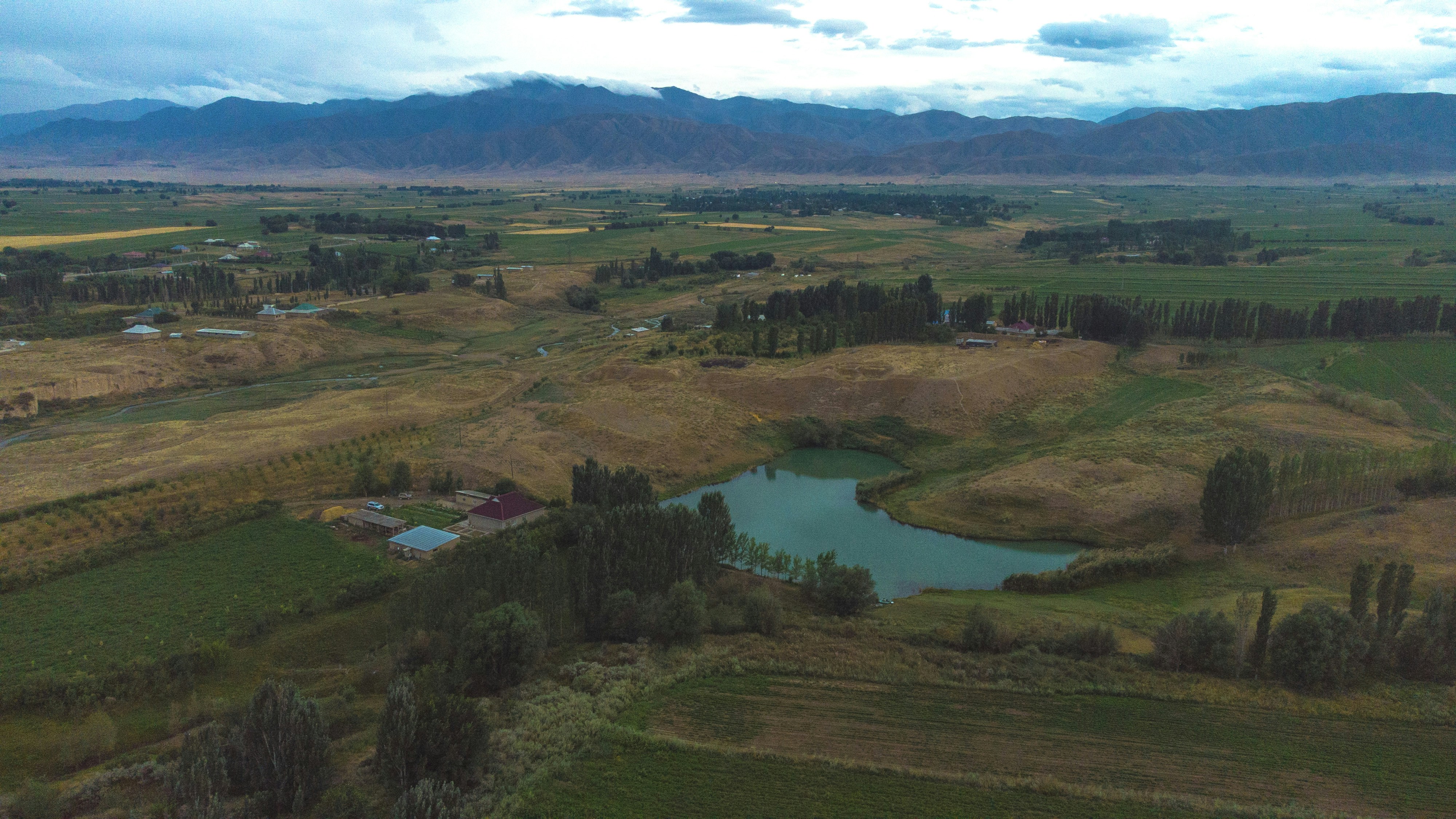Rolling farmland with a lake and mountains.
