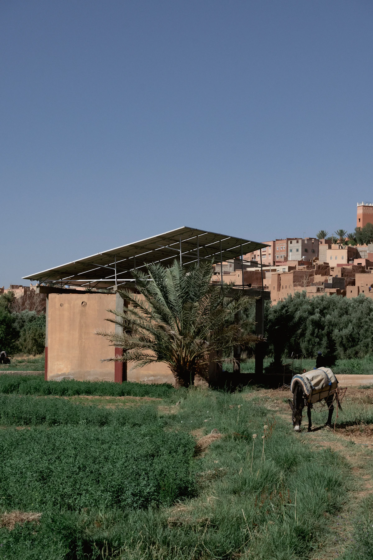 A solar panel canopy mounted above a rural school building under a clear sky.