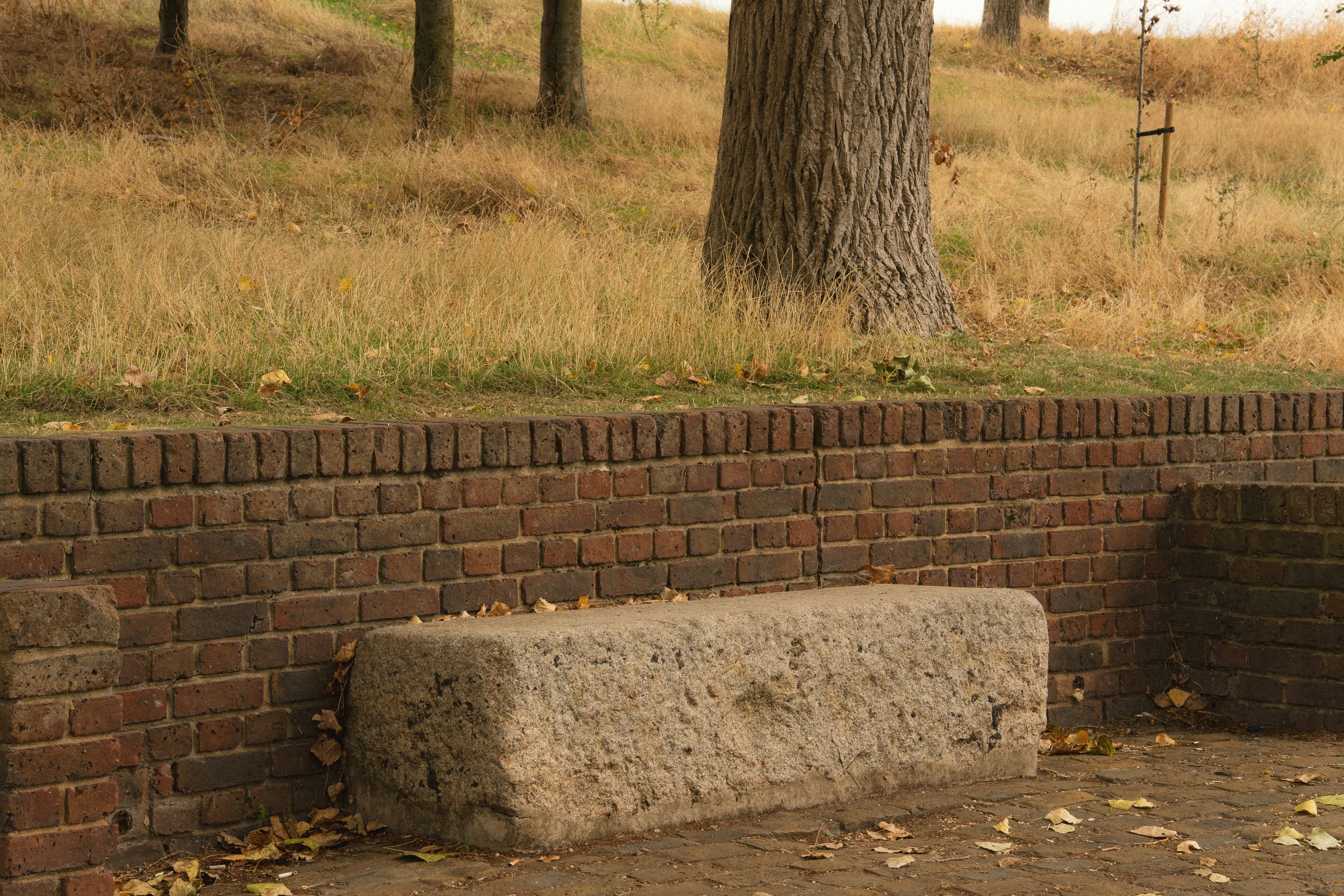 Un banc de pierre se trouve à côté d’un mur de briques.
