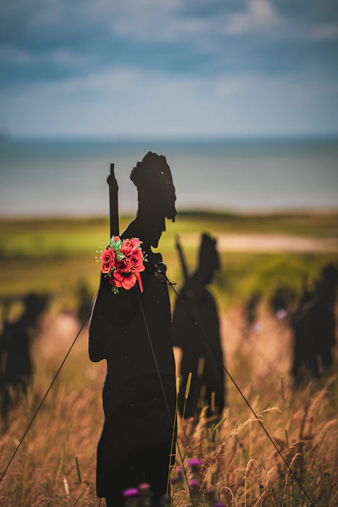 Silhouette soldiers with flowers stand at the shore.