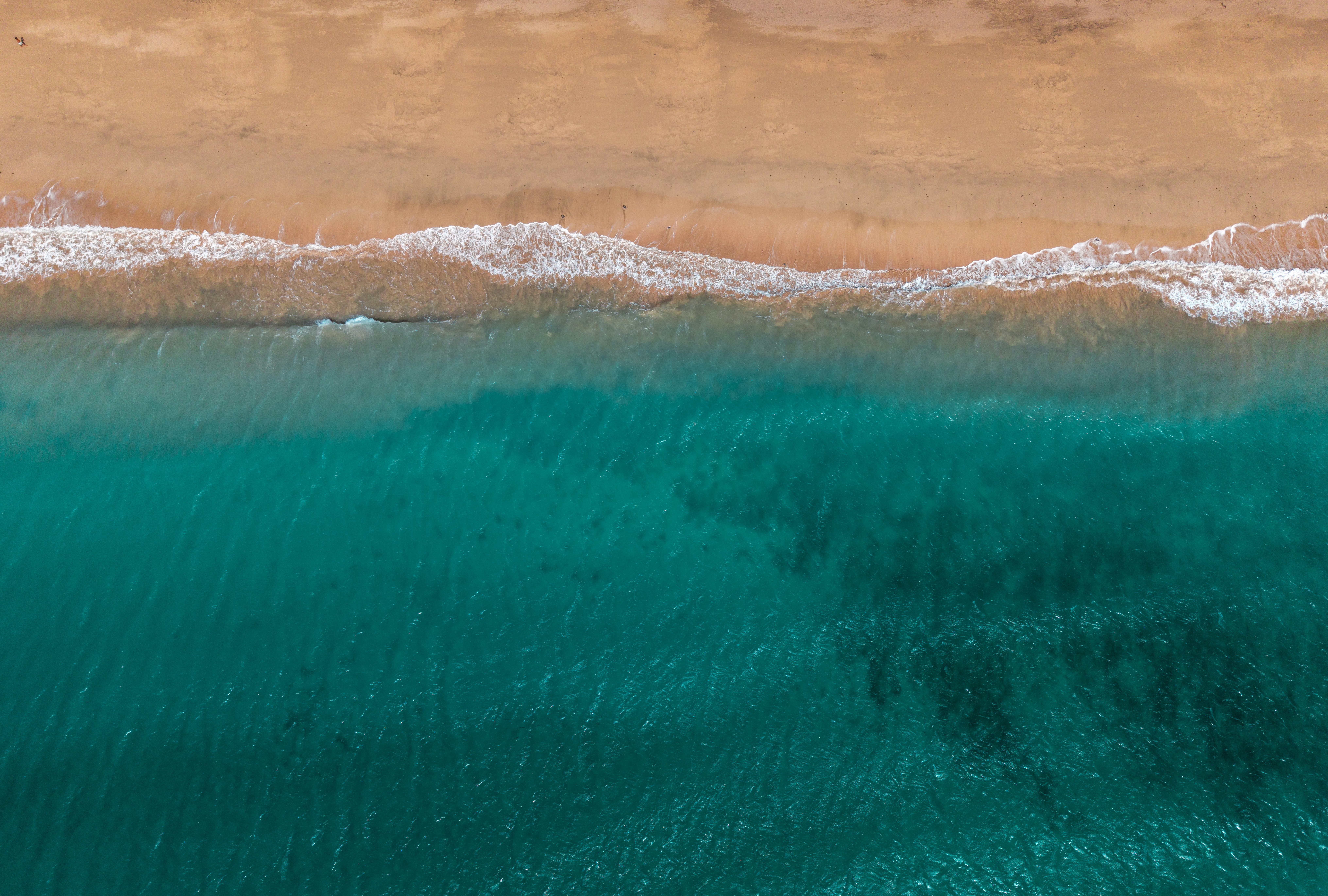 Beach meets the ocean's turquoise waters.