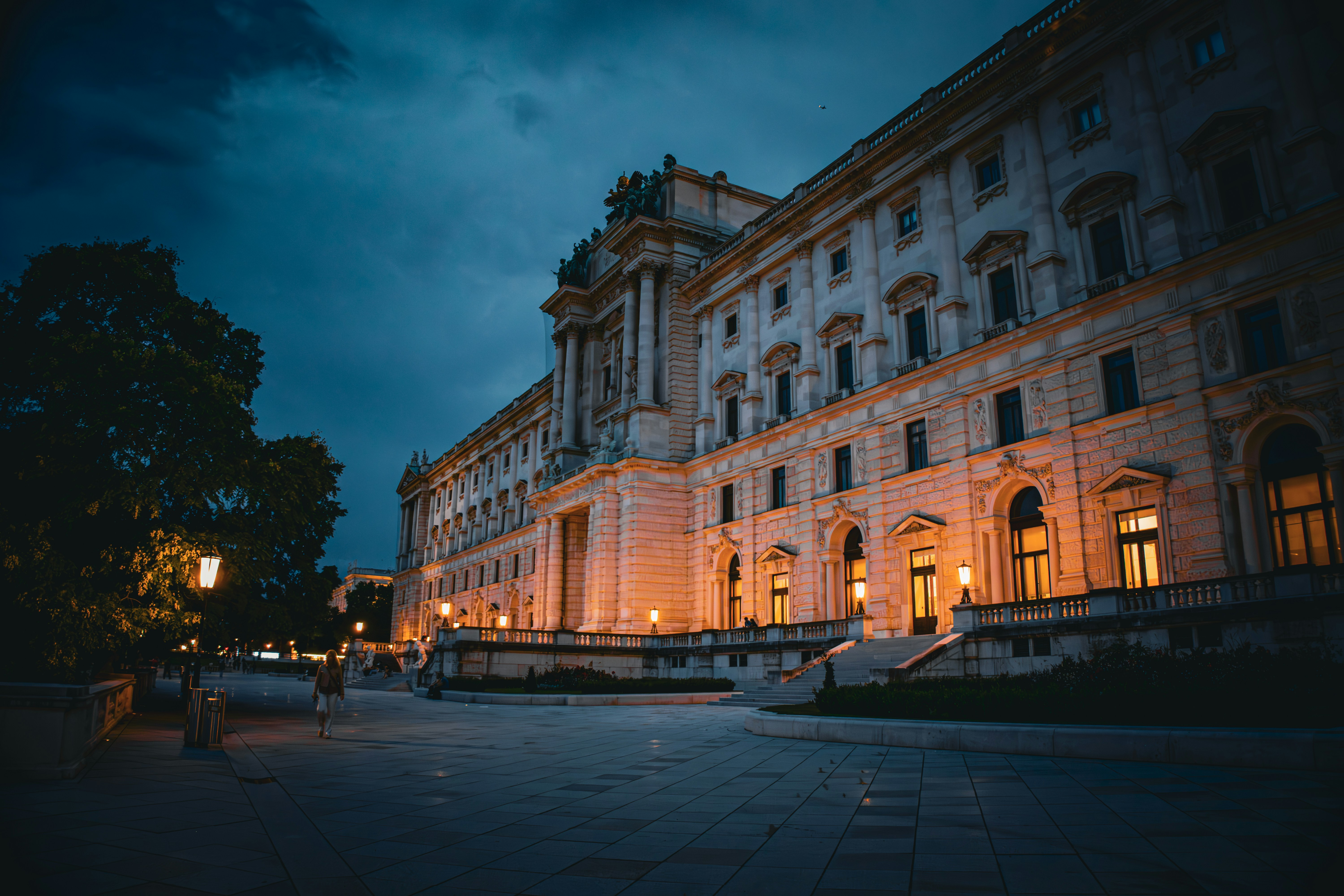 Beautiful building illuminated at dusk in europe.