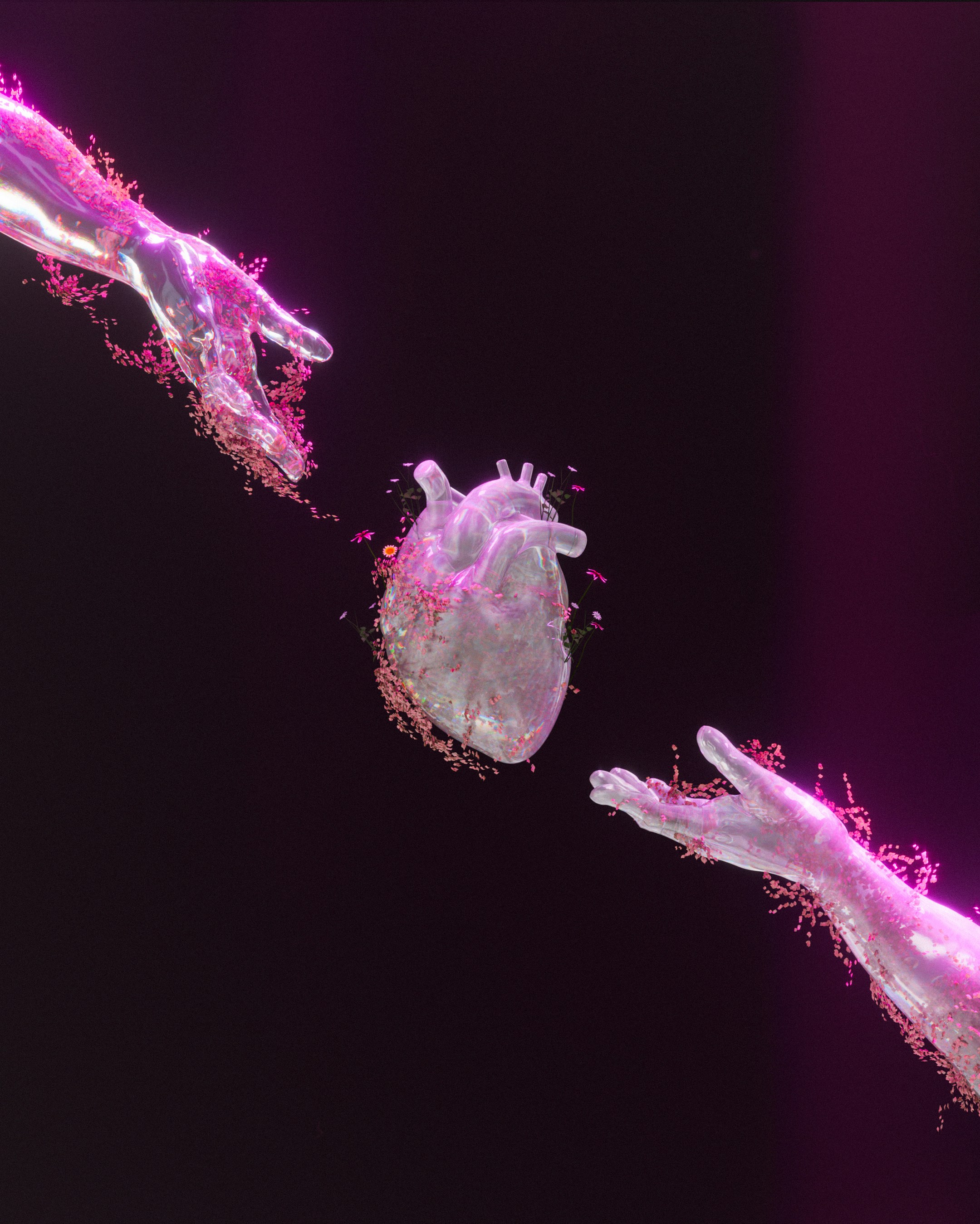As mãos alcançam um coração brilhante.