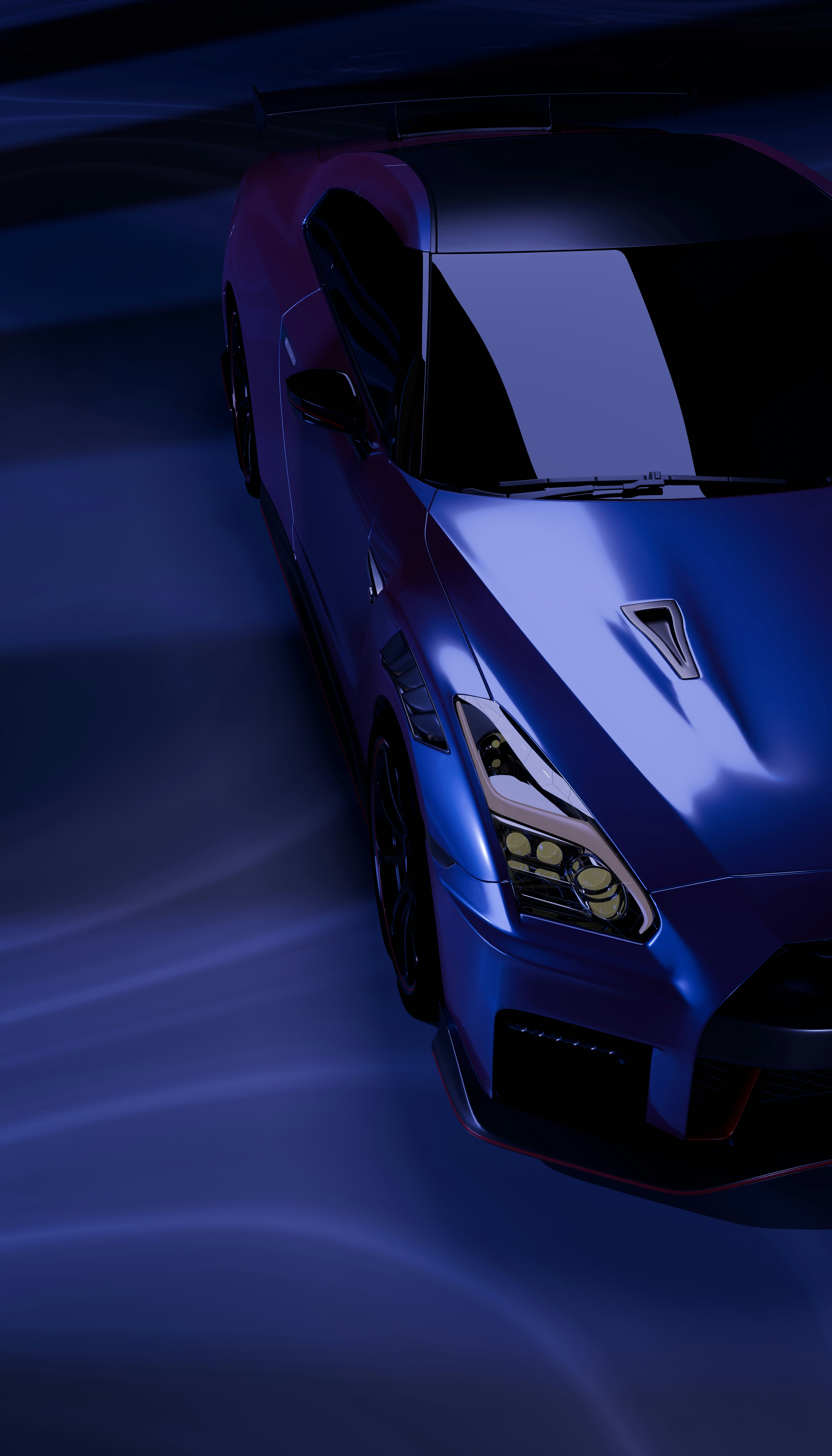 Un'auto sportiva blu brilla al buio.