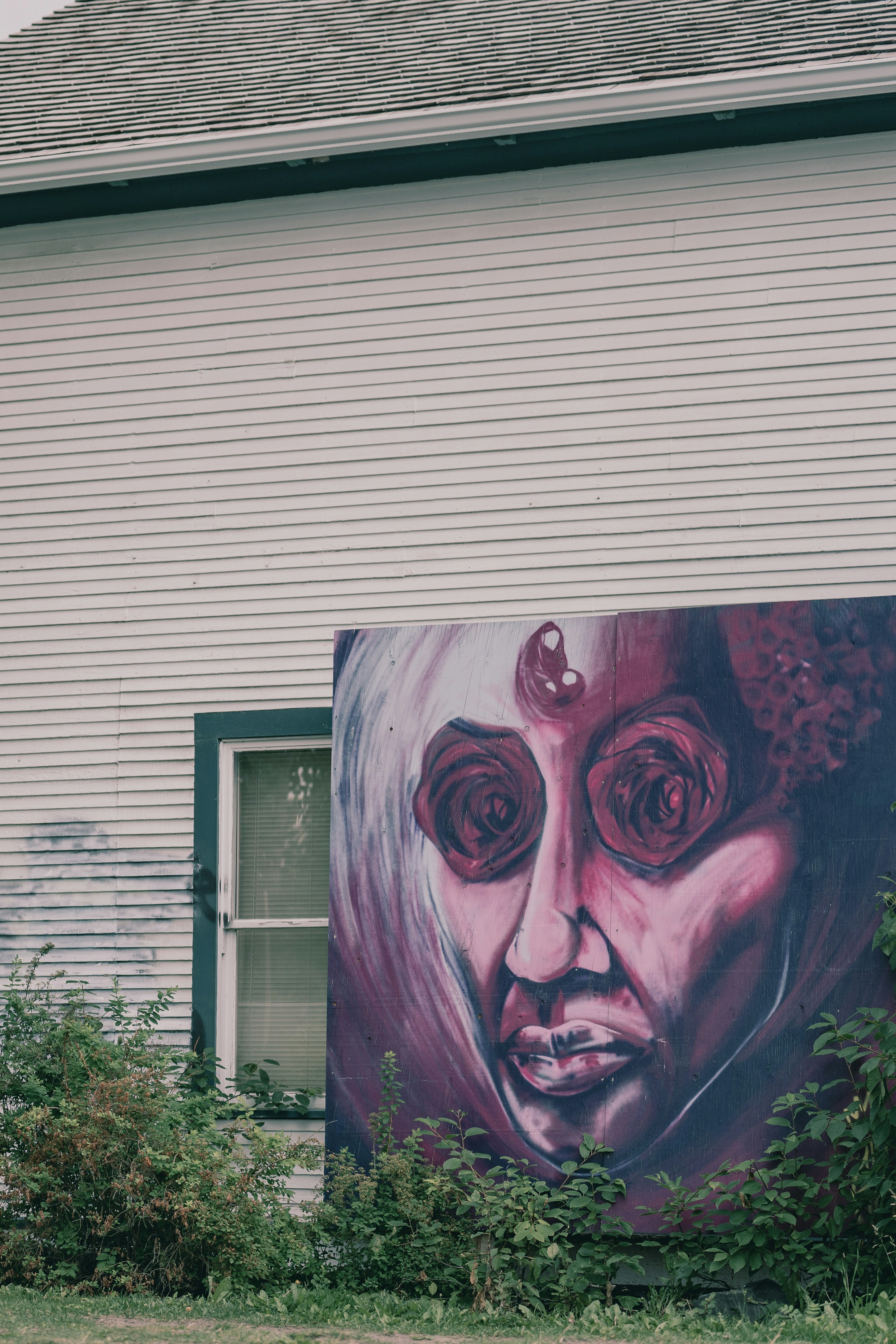 Mural of a woman with roses for eyes.