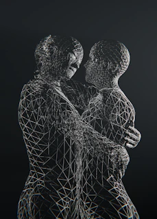 Two wireframe figures embrace affectionately against black.