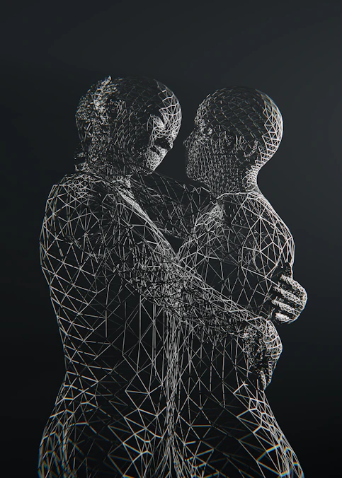 Two wireframe figures embrace affectionately against black.