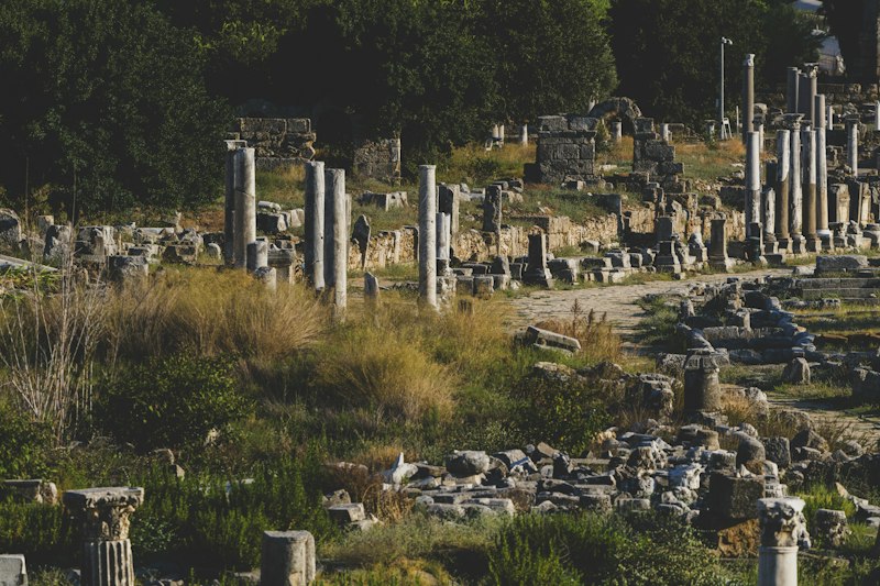 Marble columns along a Roman street in the ancient city of Ephesus