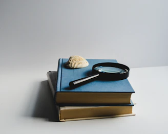 Books, a magnifying glass, and a seashell sit.
