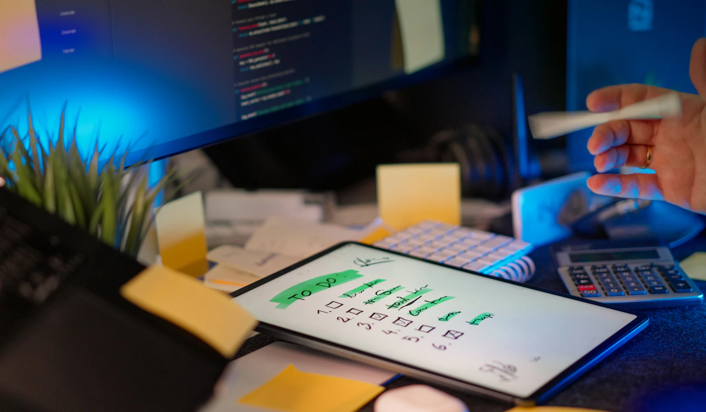Developer working at multiple screens in a dark office