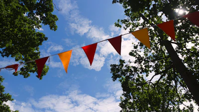 Colorful bunting against a bright blue sky.
