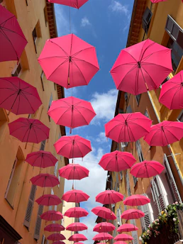 Pink umbrellas decorate a street against a blue sky