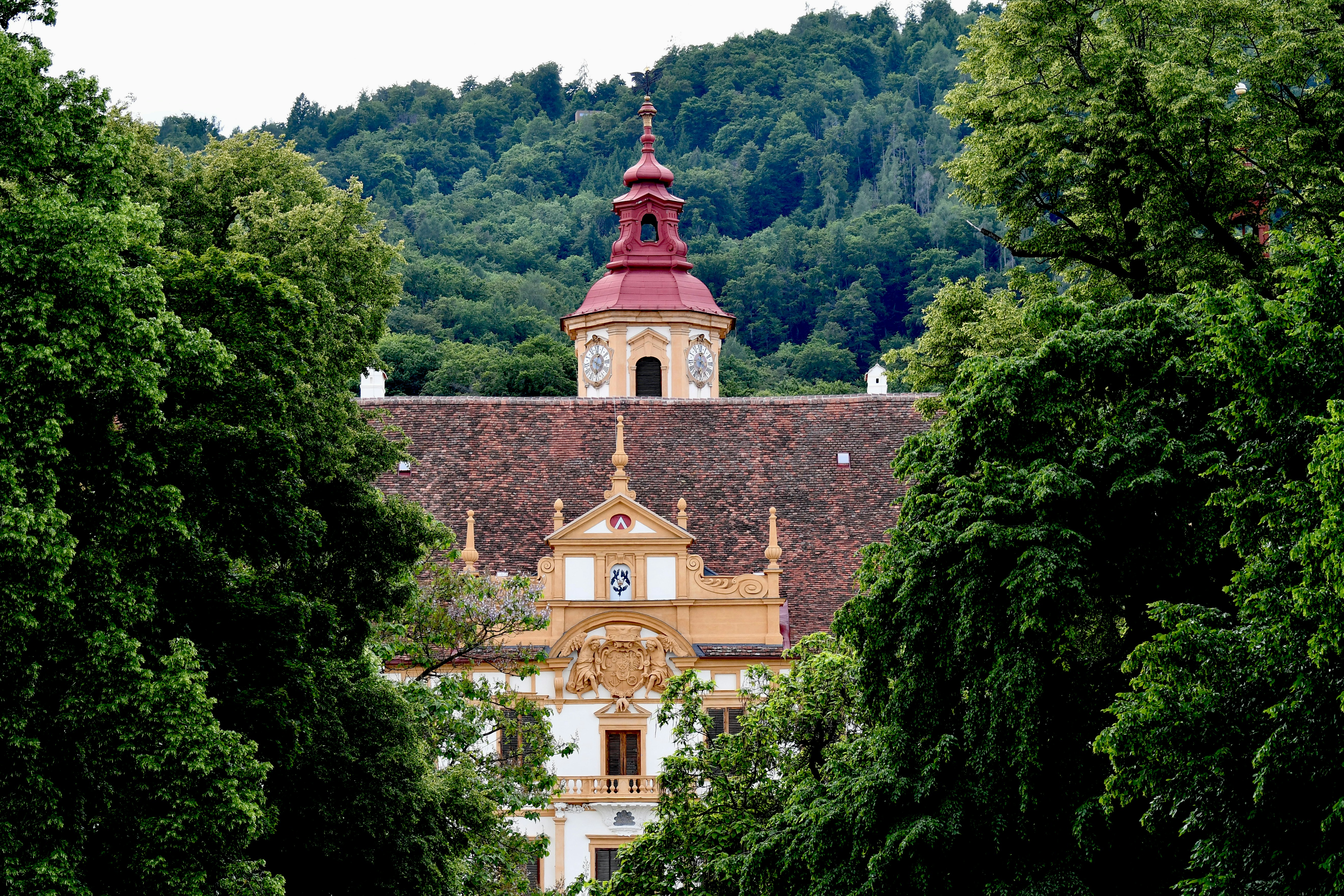 A beautiful building is framed by lush trees.