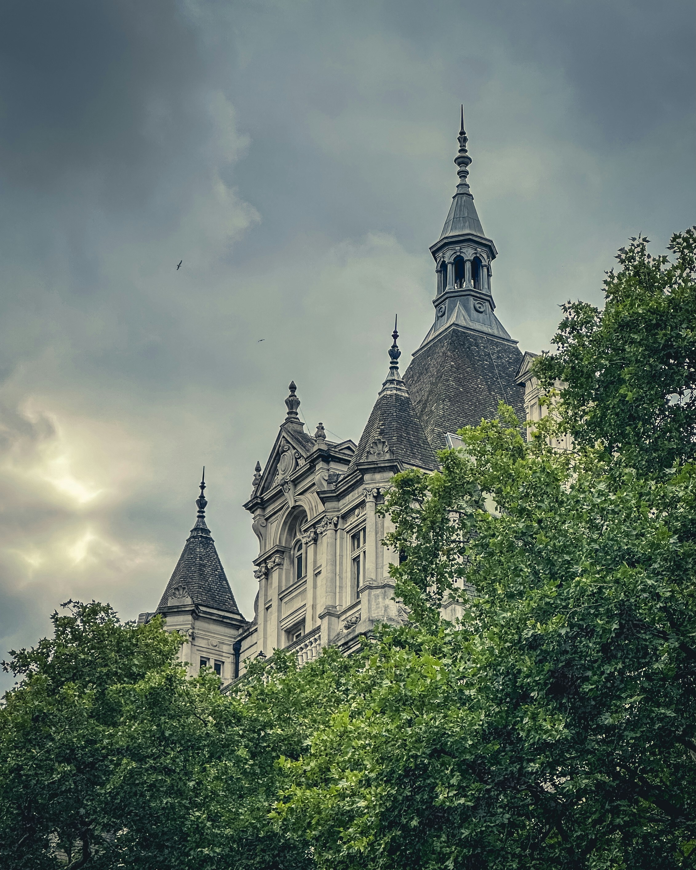 A dramatic sky frames a historic building's turrets.