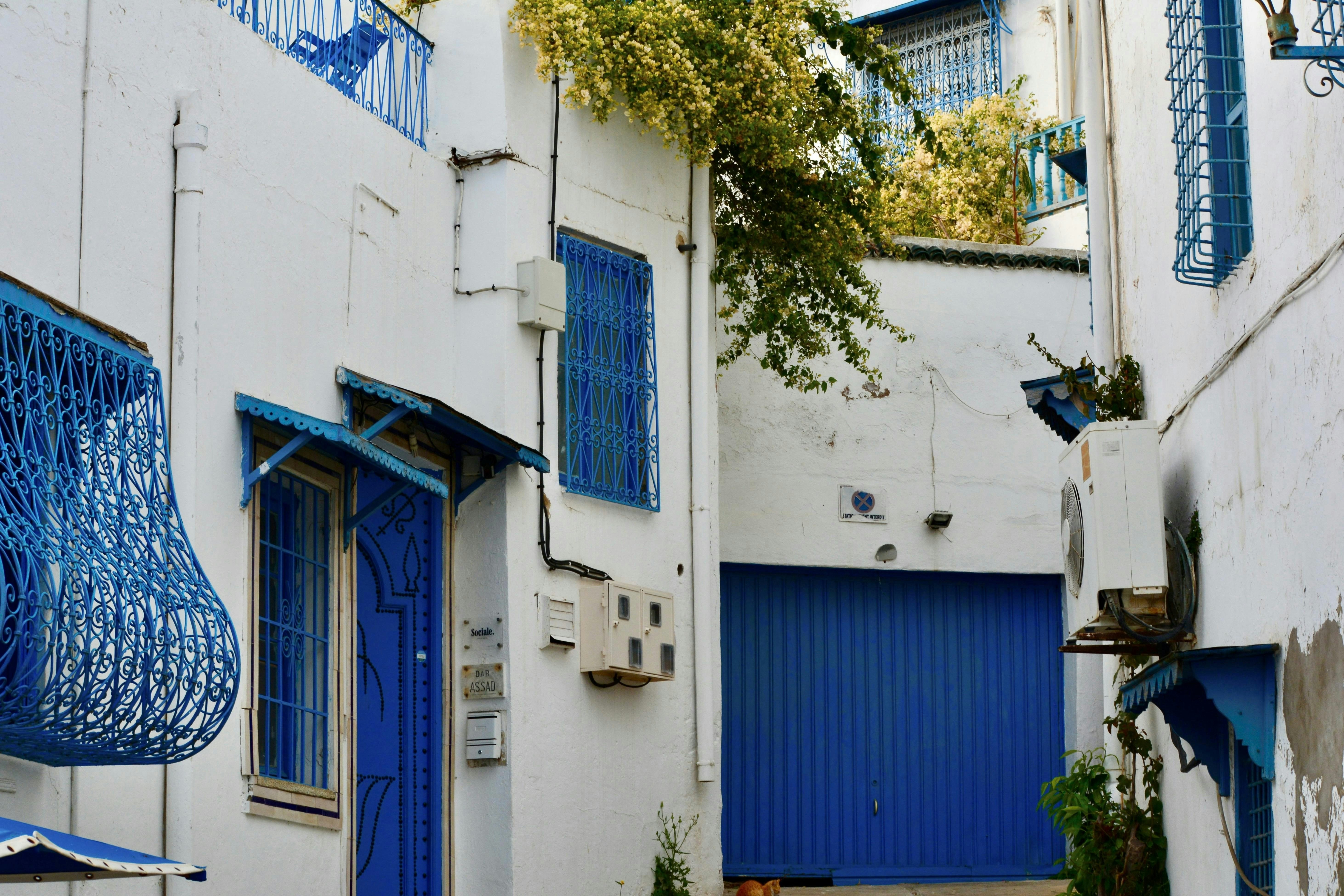 Bright white buildings with blue doors and accents.
