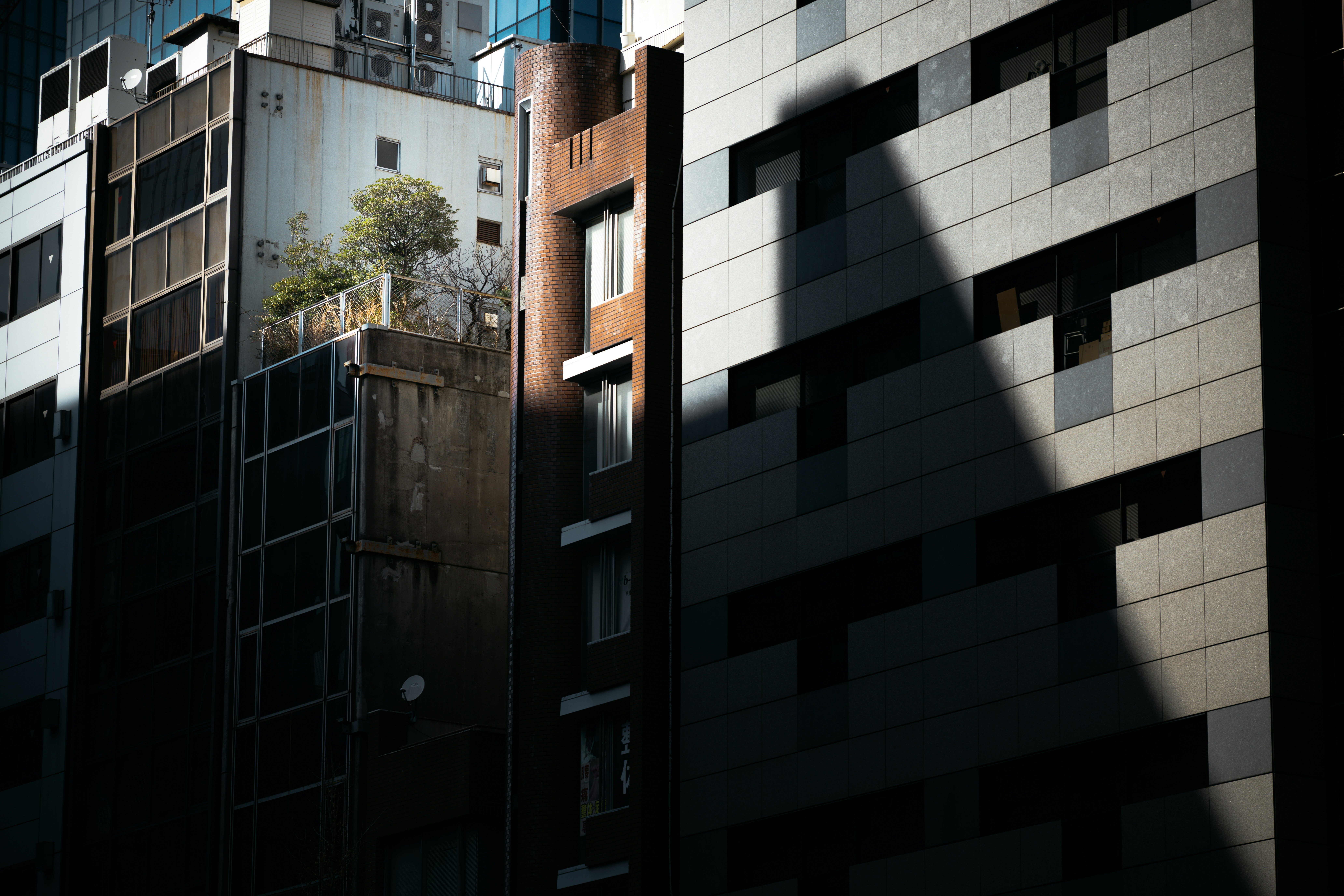 Urban architecture is showcased in the city's shadows.