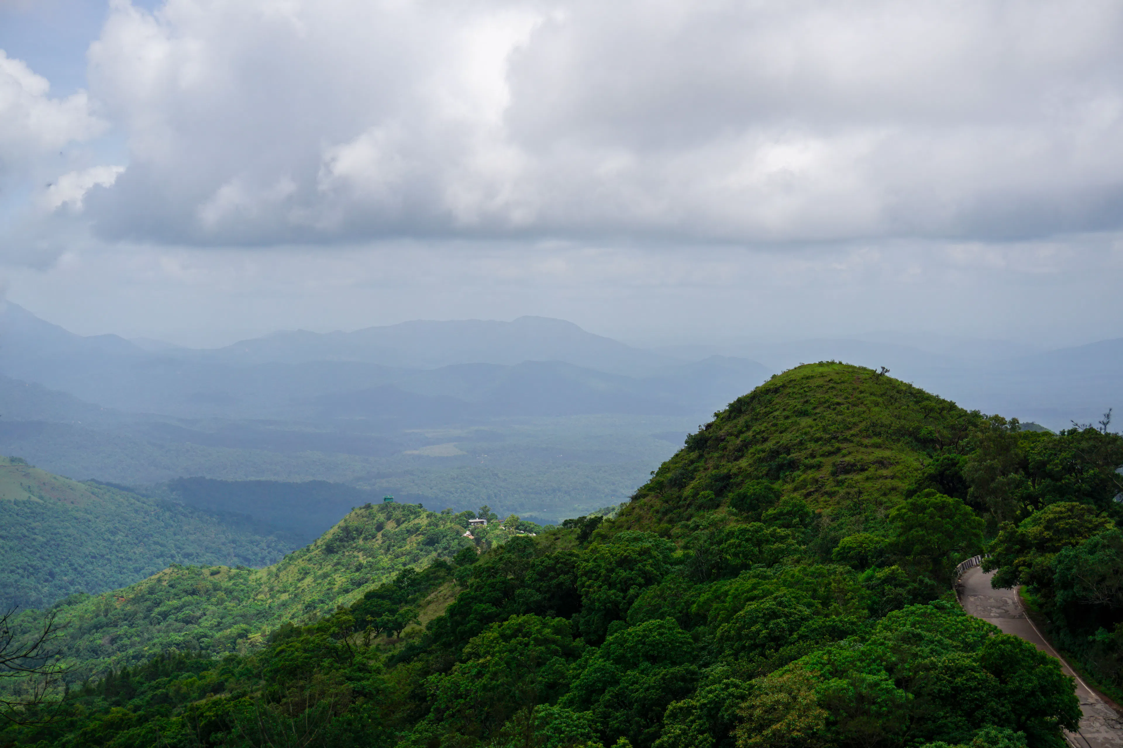 A narrow trail climbing a forested hilltop with blue ranges beyond