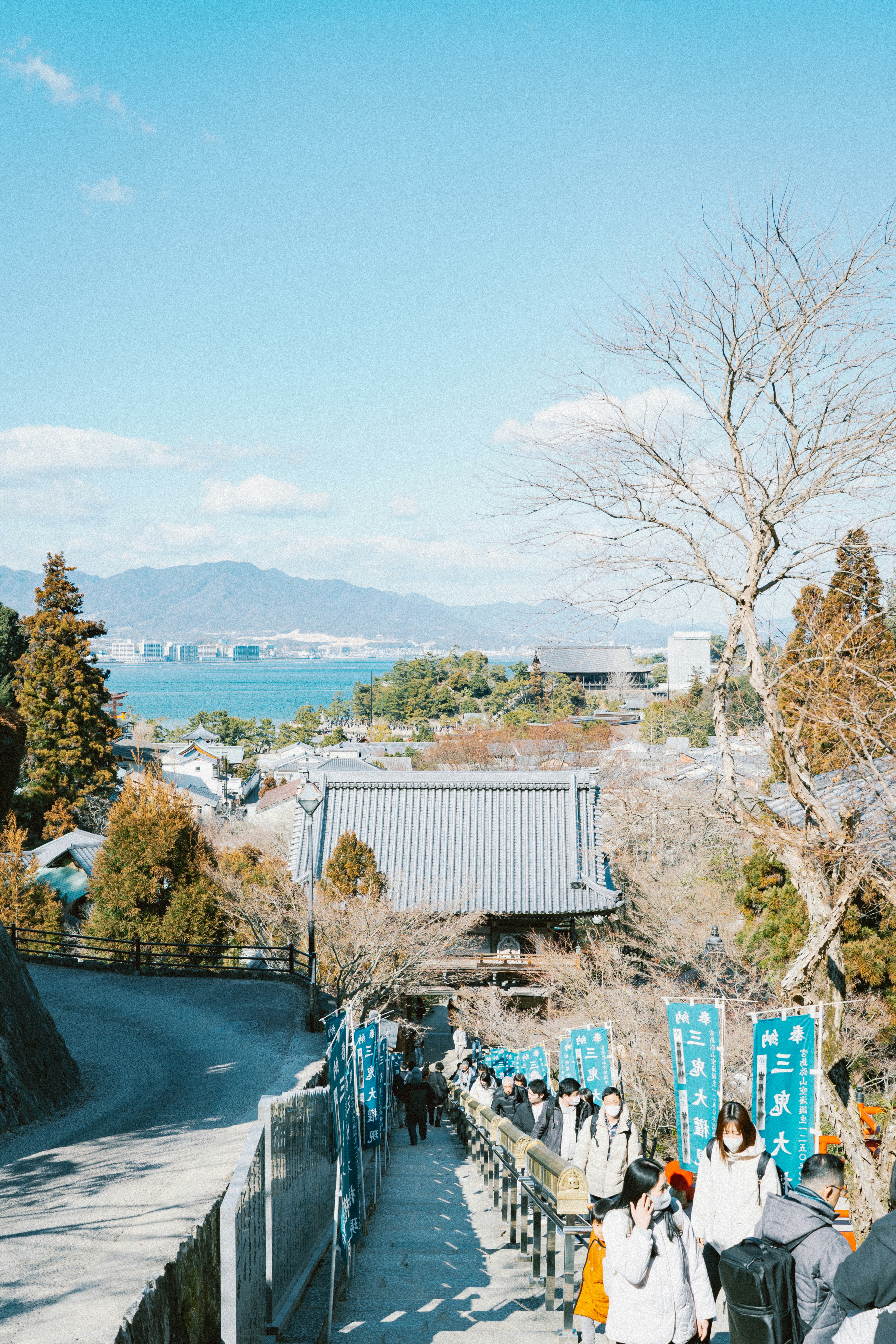 People walk down stairs with a scenic background.