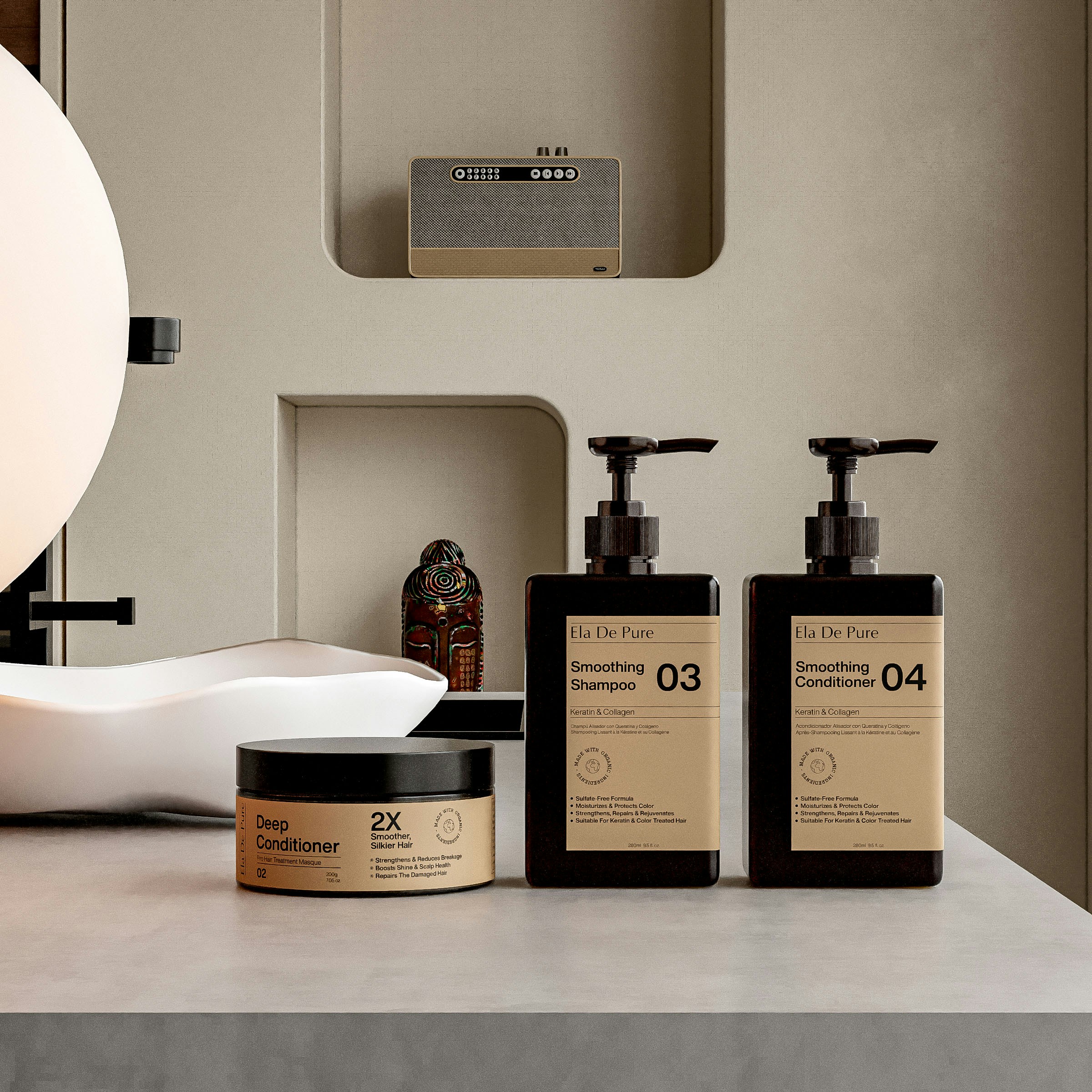 Bathroom products are arranged on a neutral-toned countertop.