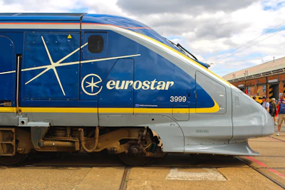 A eurostar train is shown in close-up.