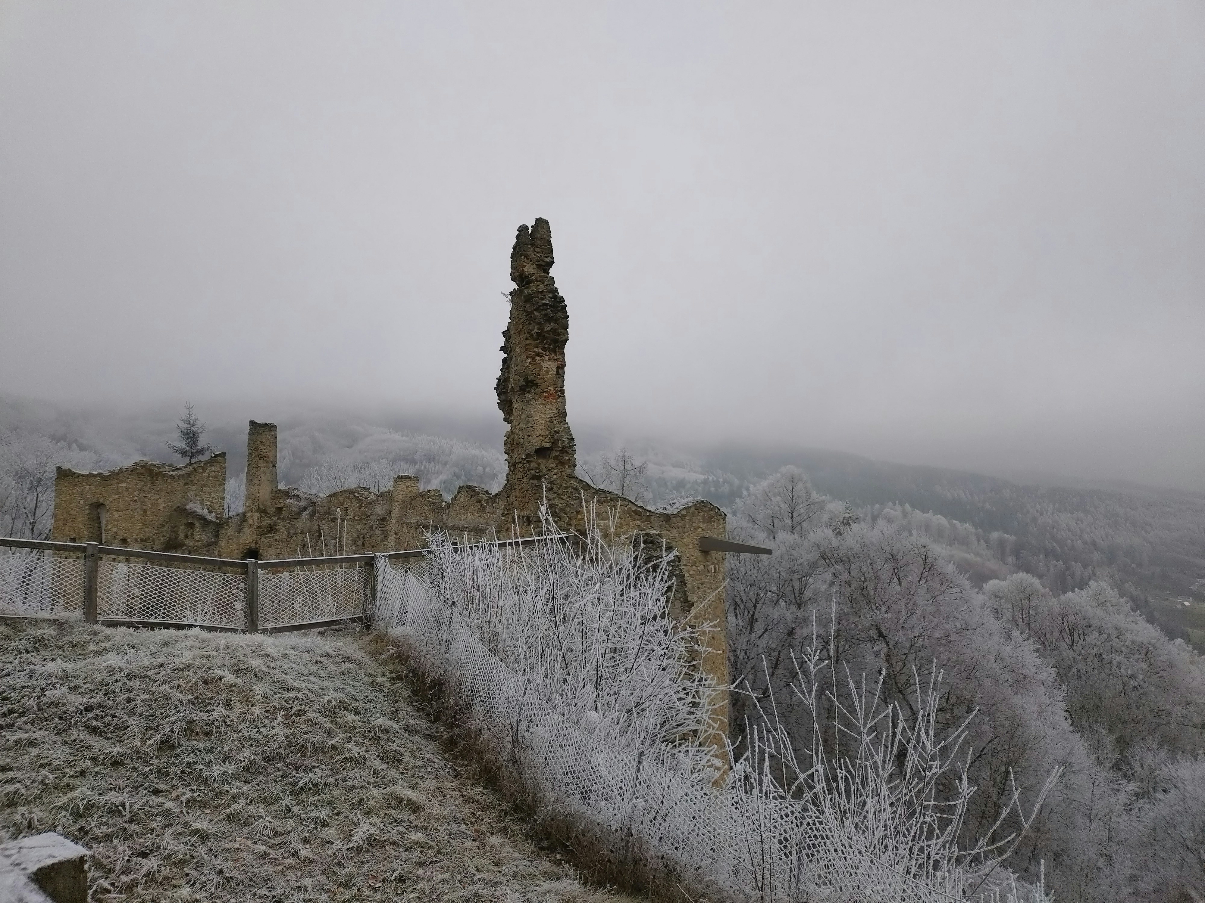 Ruined castle ruins stand in a wintry landscape.