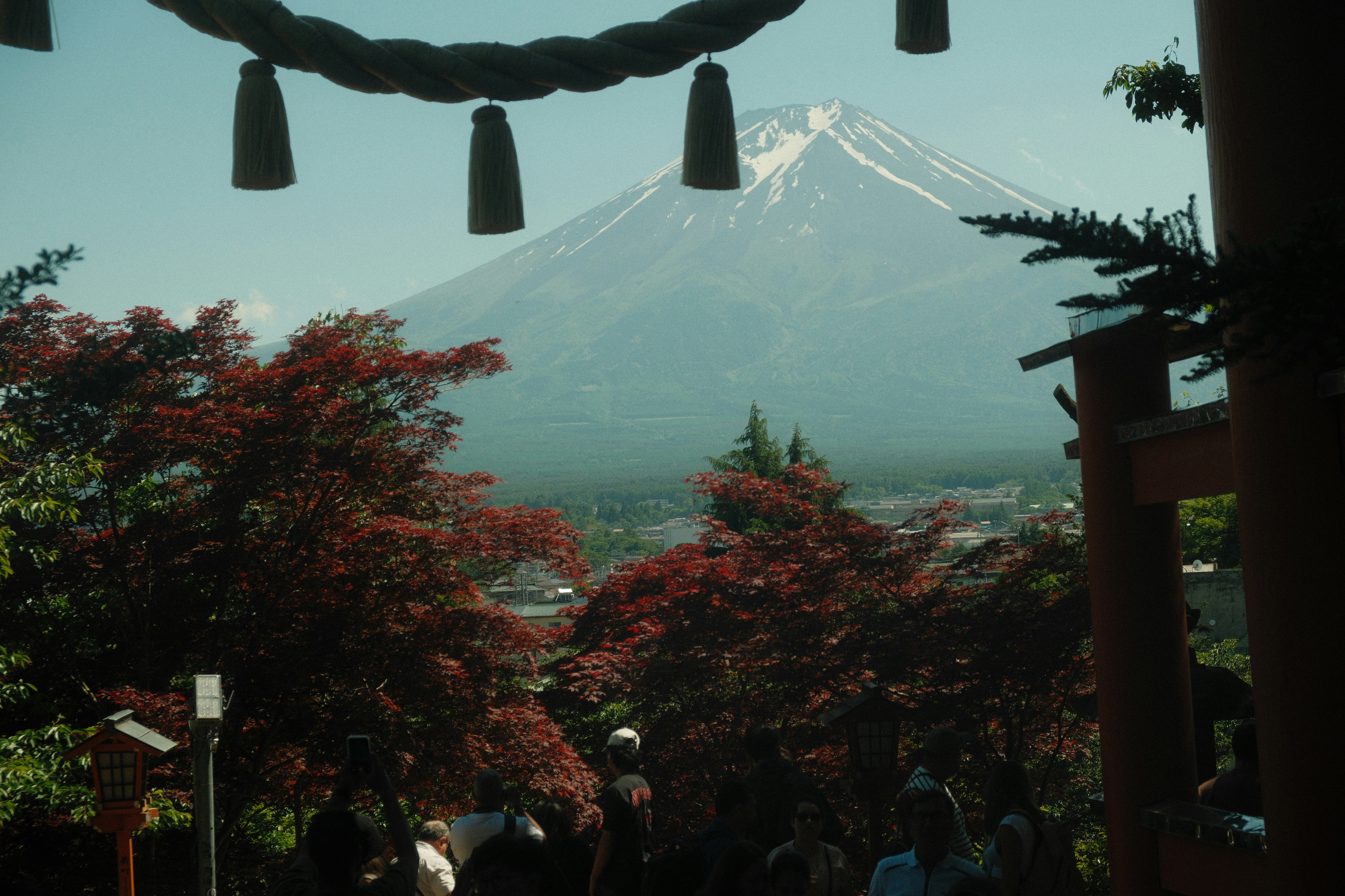 Mount fuji is seen from a japanese temple