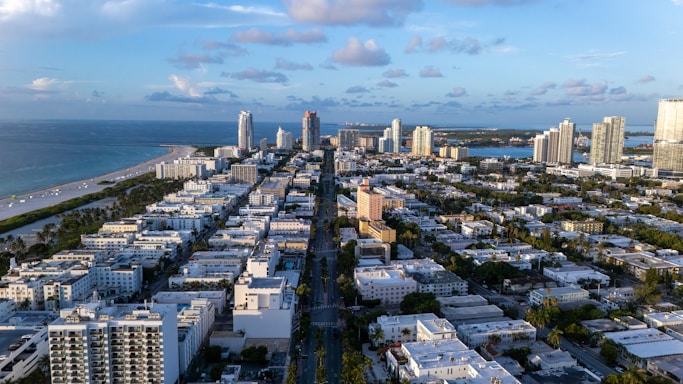 Aerial view of miami beach cityscape on a sunny day.