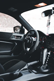 The interior of a sleek, modern car.
