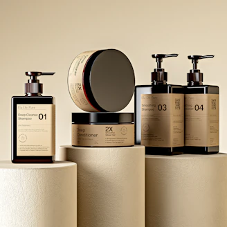 Hair care products are neatly displayed on a stand.