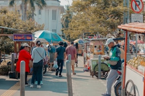 Street vendors and people are bustling.