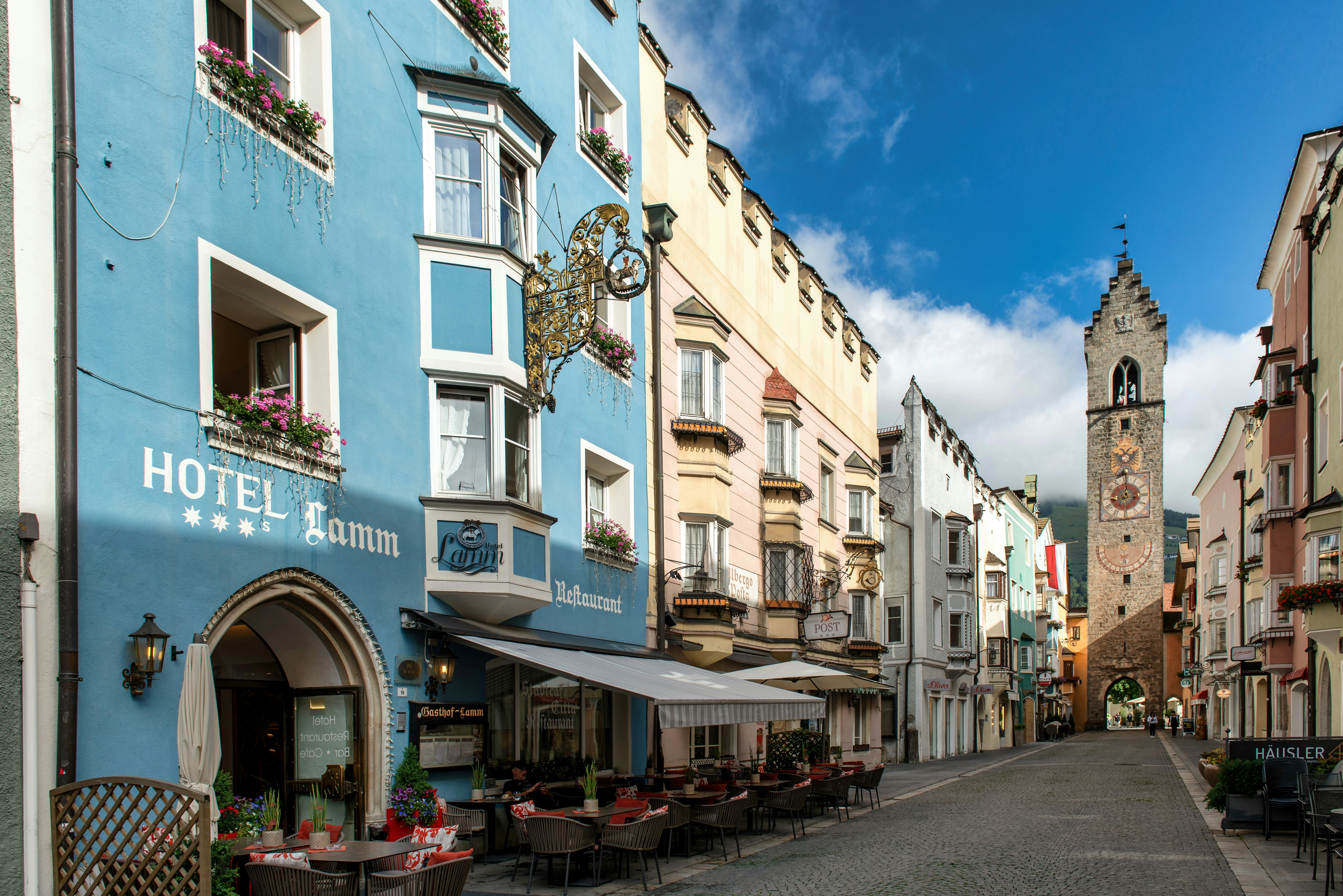 A picturesque european street with colorful buildings.