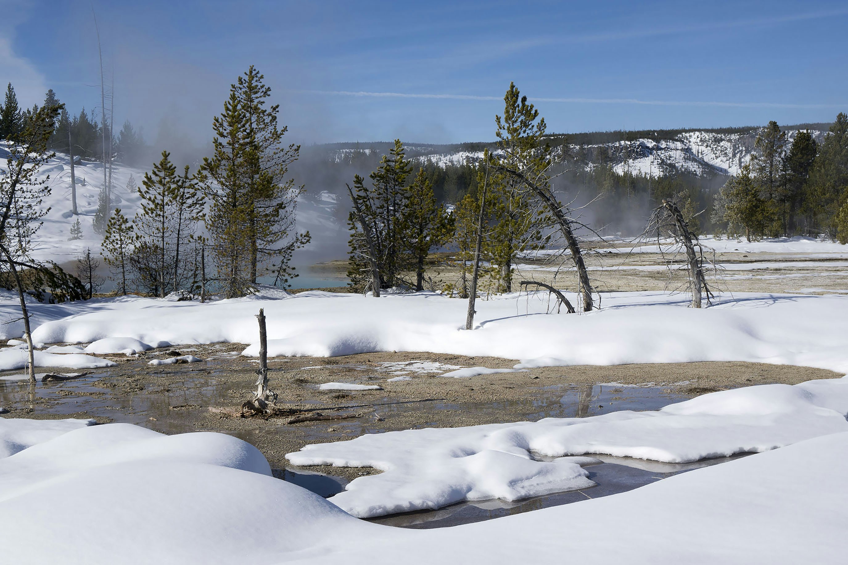 Snowy landscape with steam rising from a hot spring.