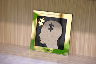 A jigsaw puzzle head represents thinking.