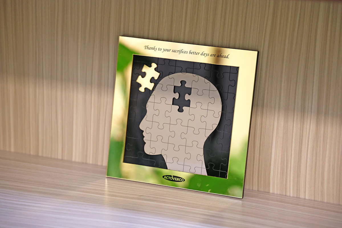 A framed head-shaped puzzle representing changes in memory and thinking