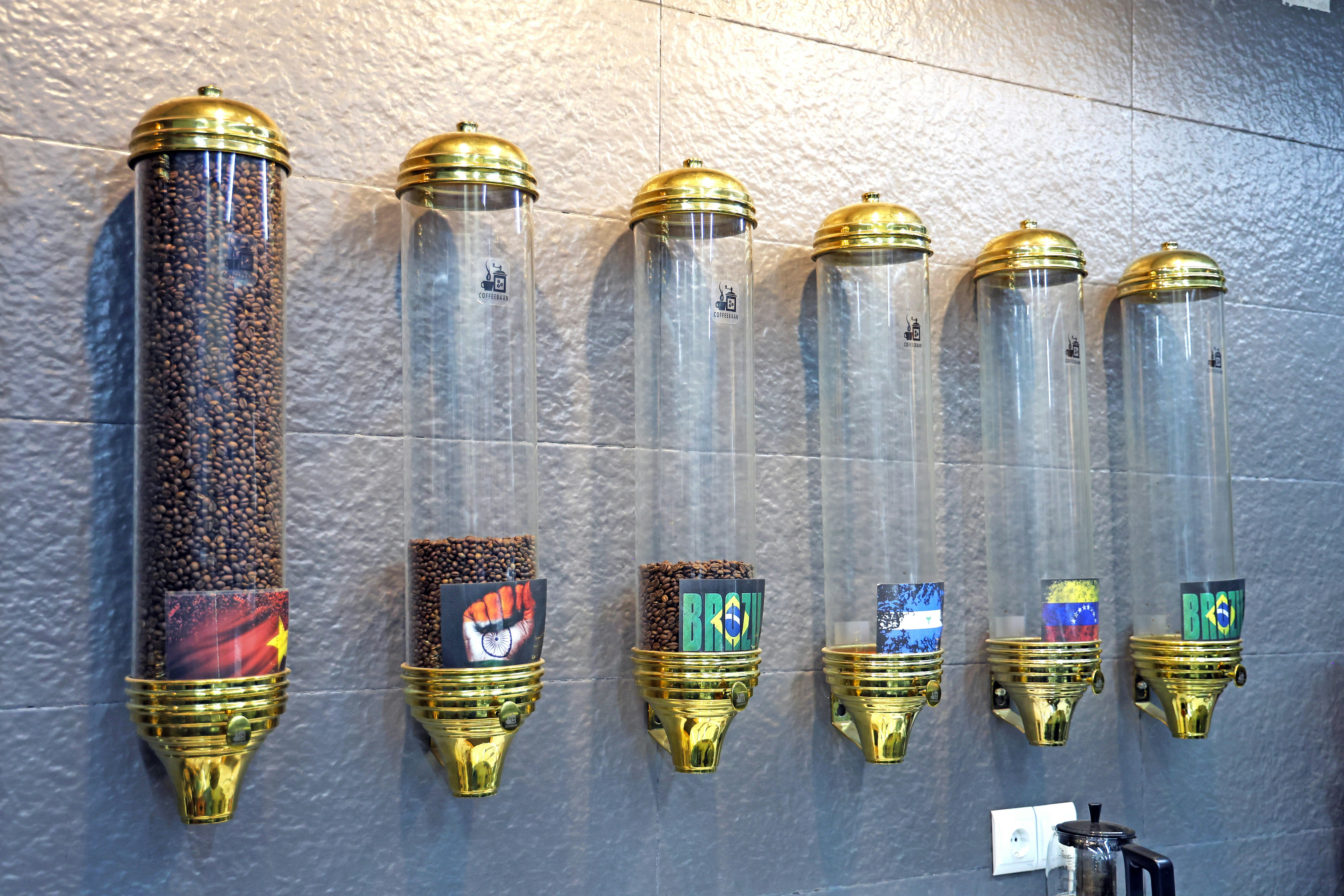 Several cylindrical glass containers filled with various types of coffee, mounted on the wall of a specialty coffee shop in Tehran.