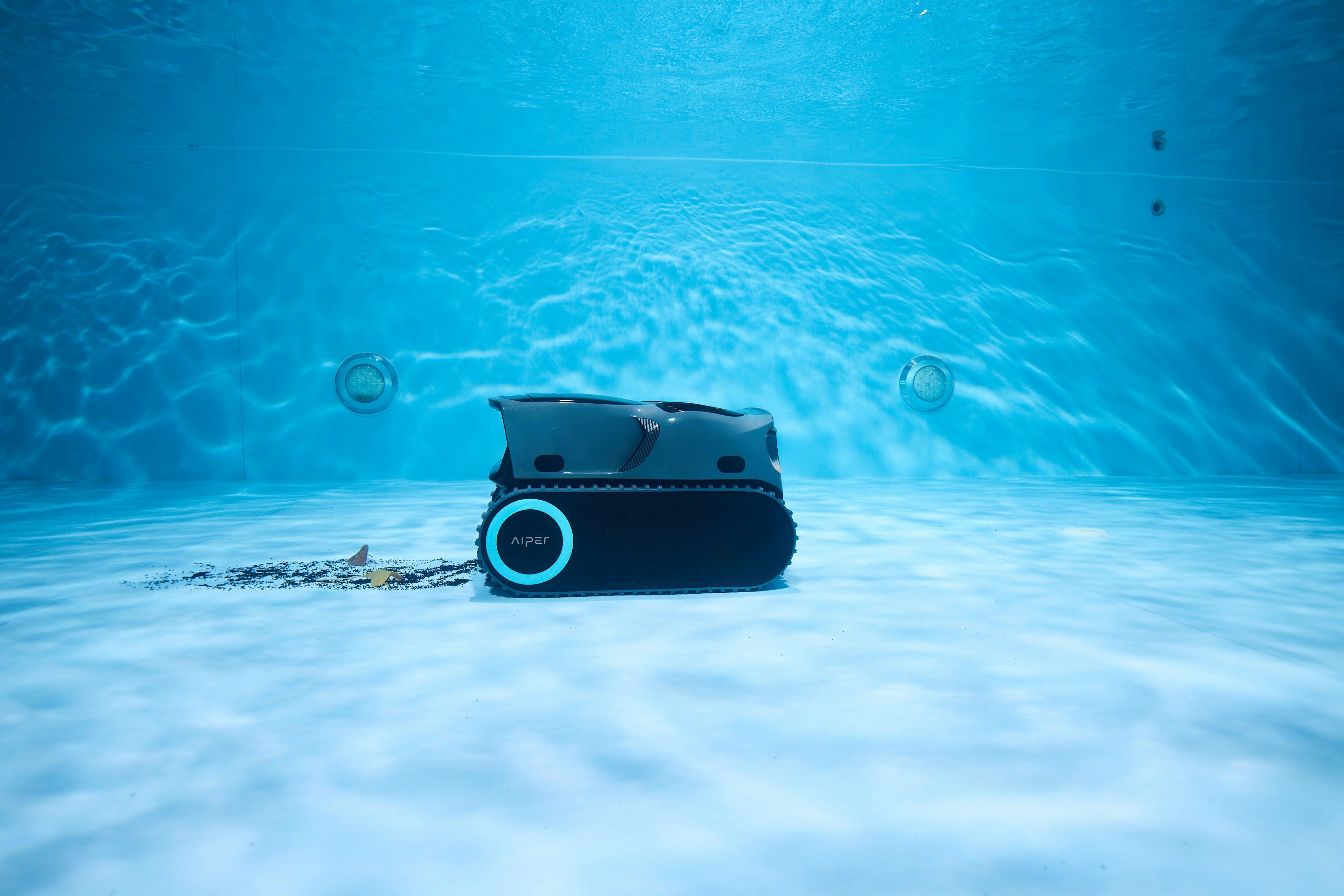 A robot pool cleaner underwater.