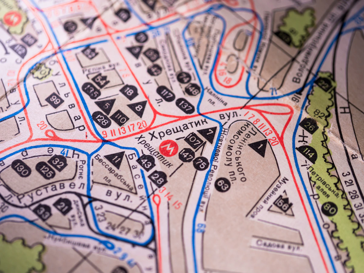 Detailed urban map showing buildings and routes for sectional property survey planning
