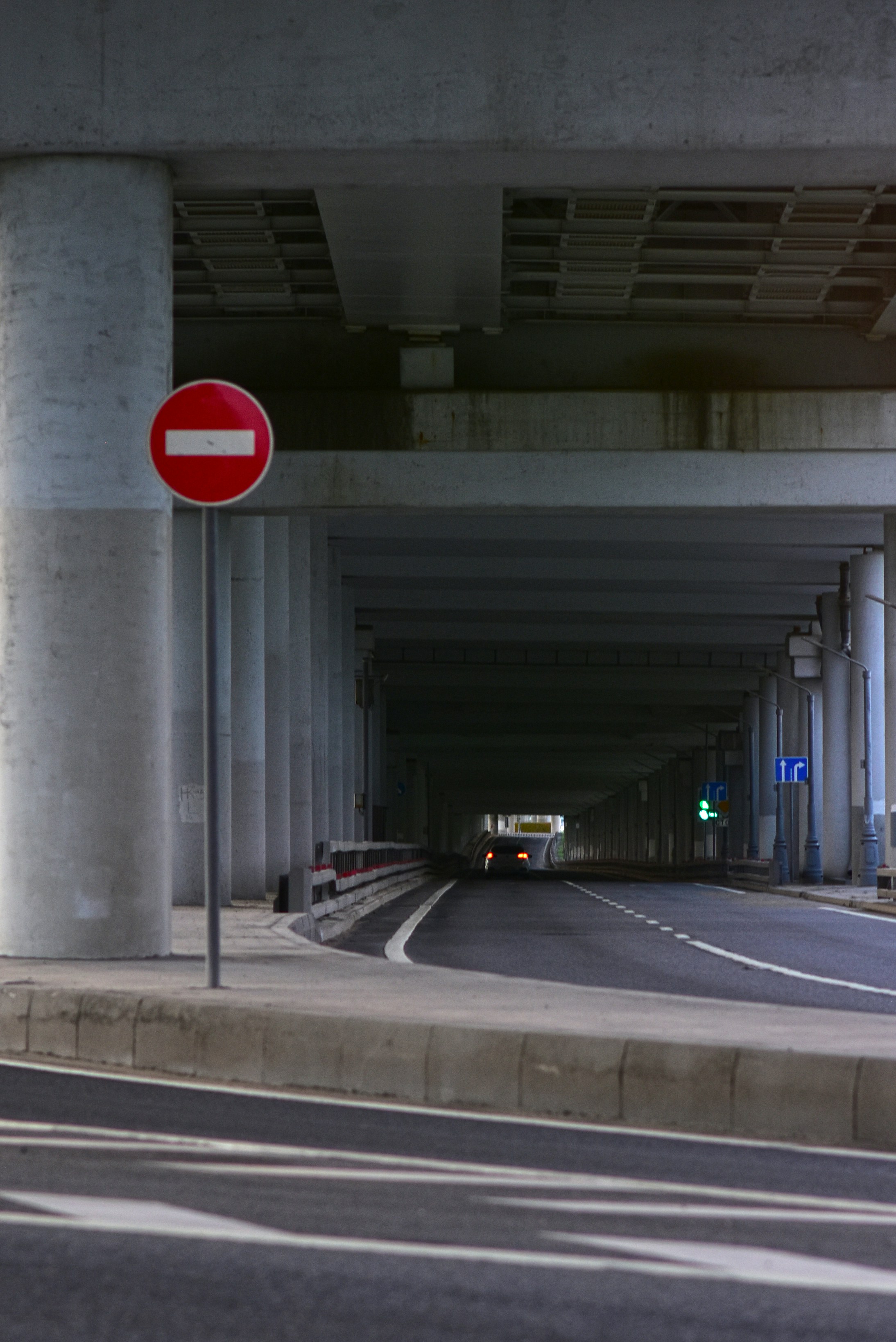 No entry: underneath a bridge.