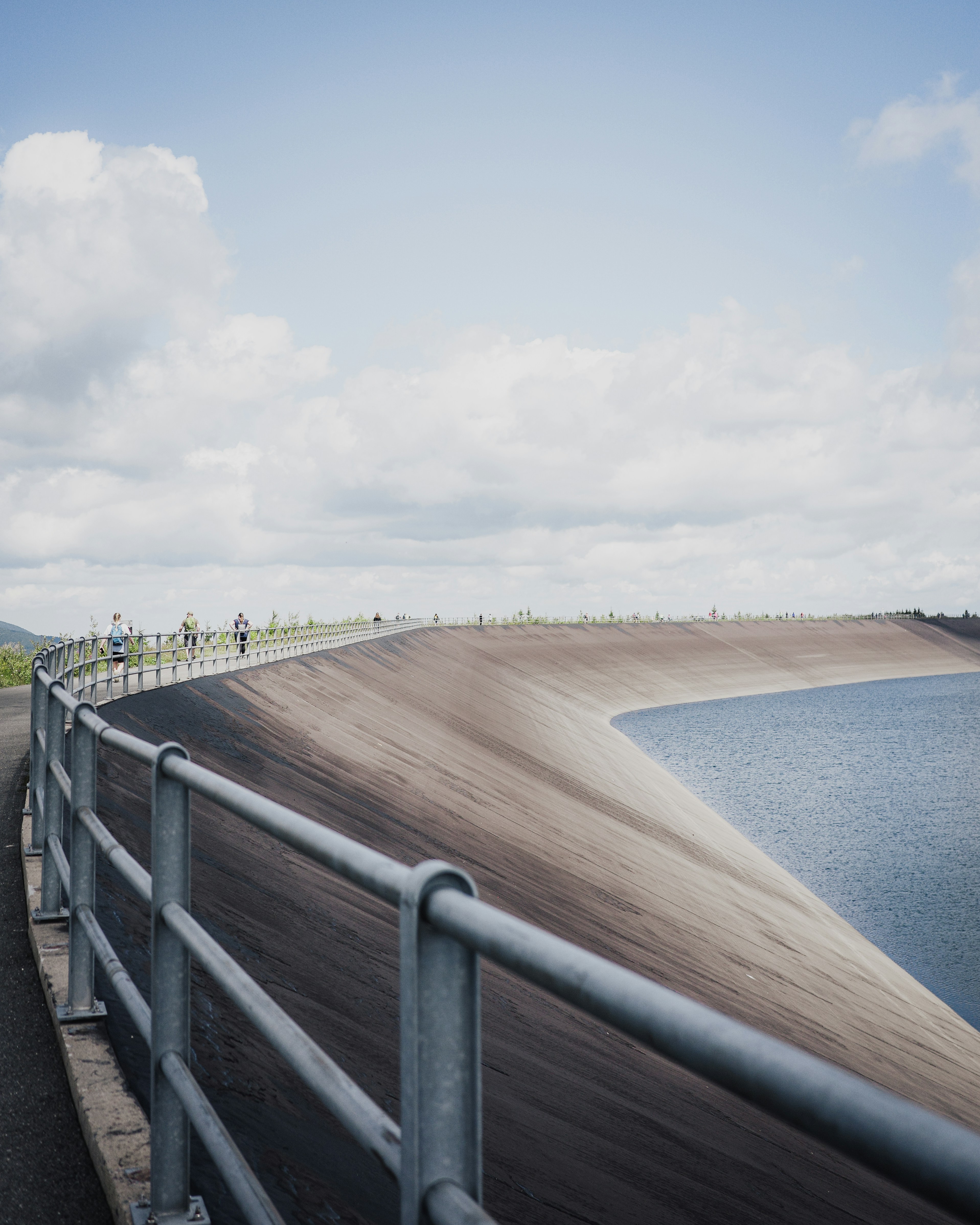 A curved bridge runs along a lake.