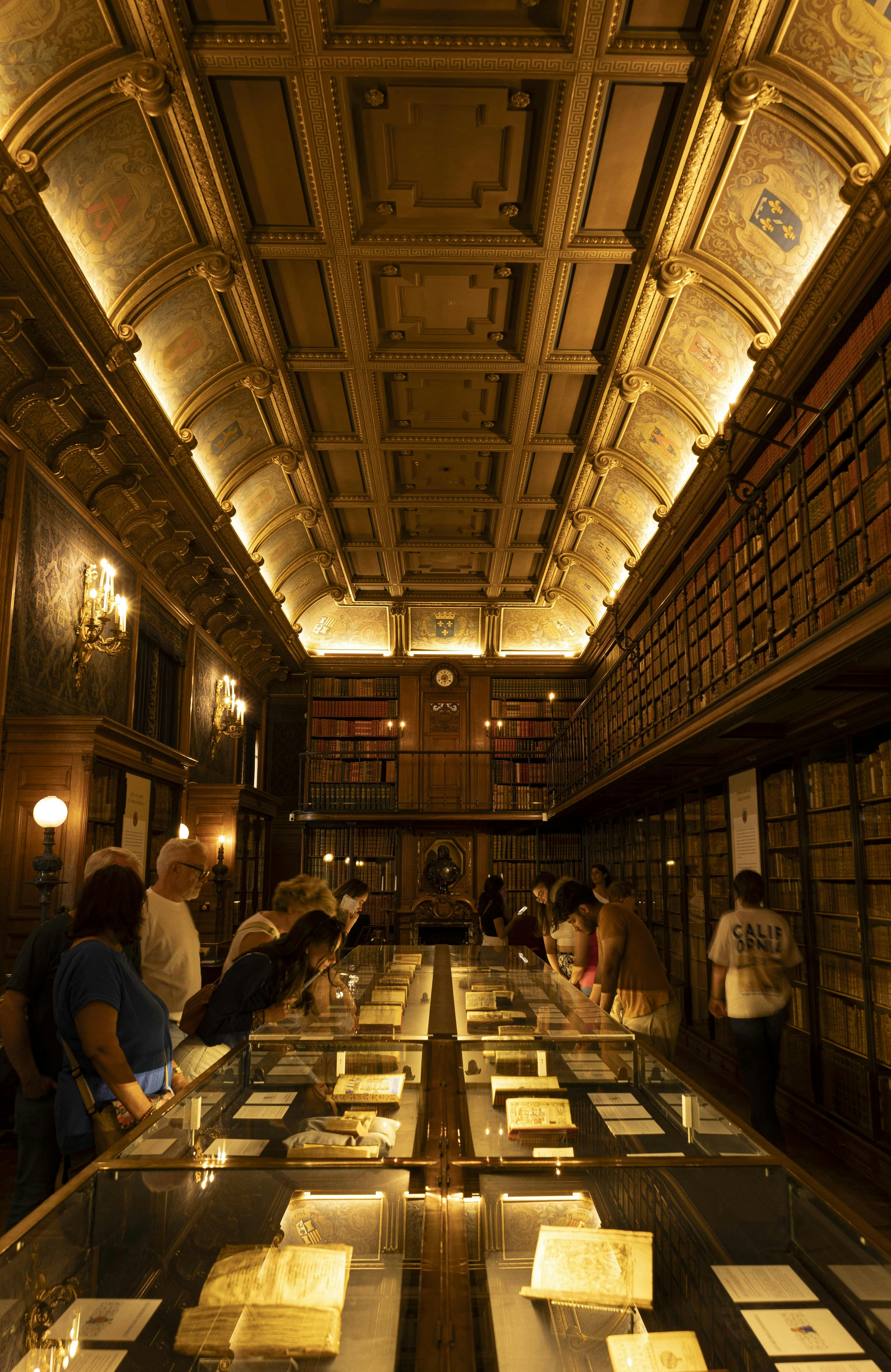 People are admiring artifacts in an ornate library.