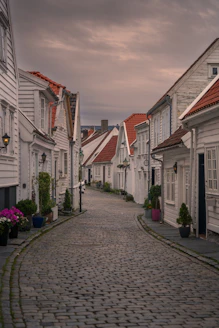 A cobblestone street lined with white houses.